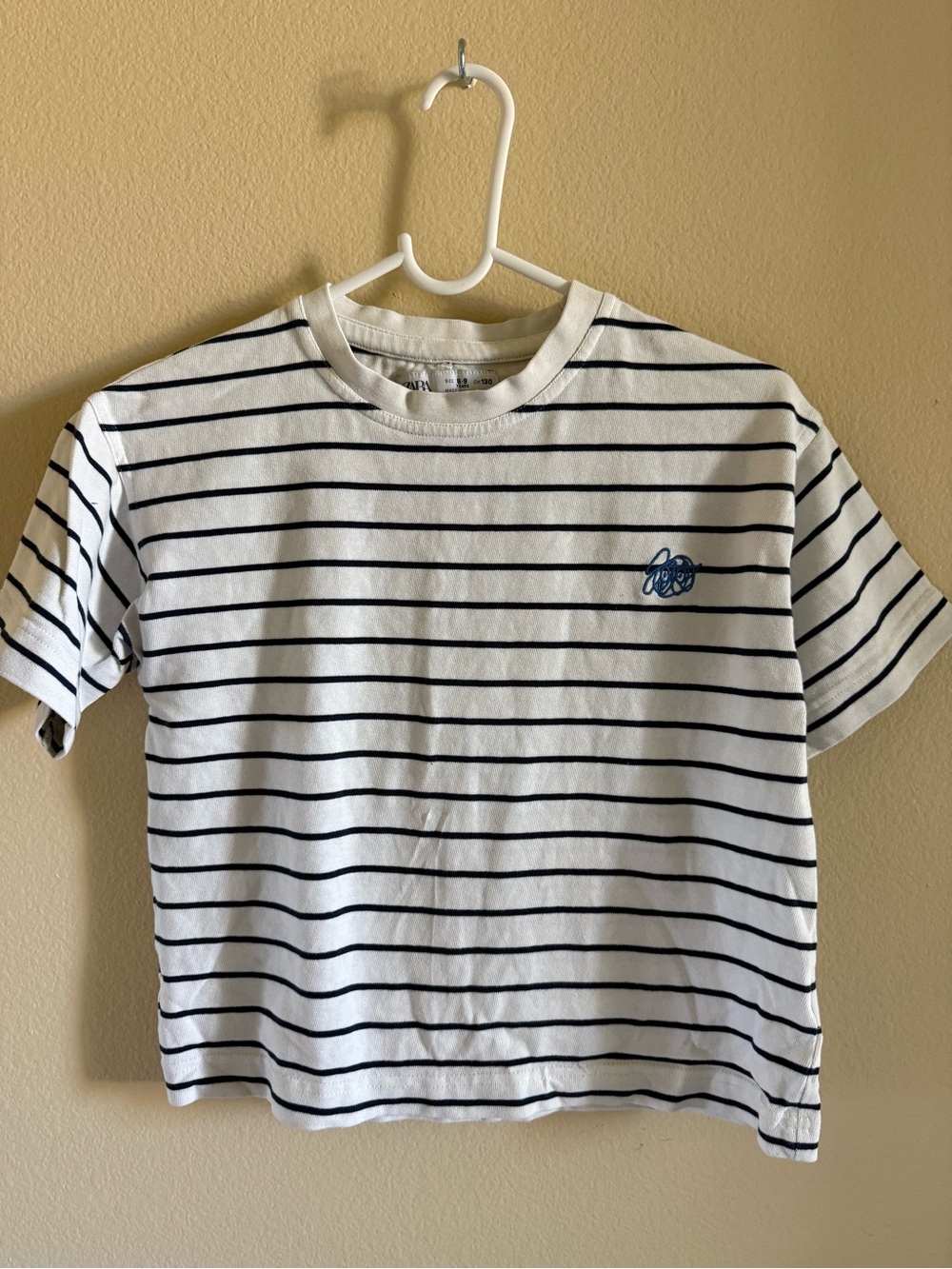 Zara White Tee with Black Stripes and Blue Embroidered Detail
